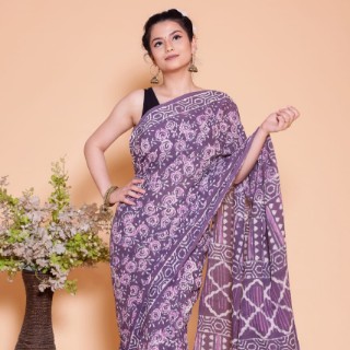 block print chiffon saree